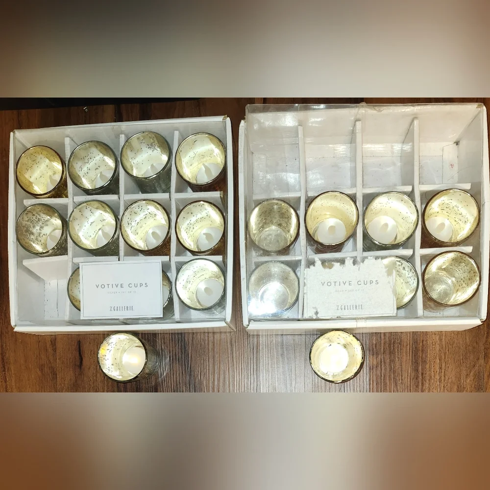 Z Gallerie 2 Pks of 12 Votive Cup Sets- 1 Silver & NIB, 1 Gold W 9 Votive Cups